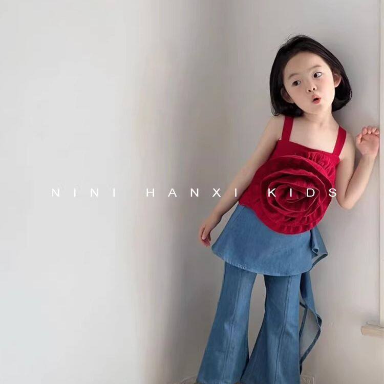 女童韩版立体花朵吊带套装