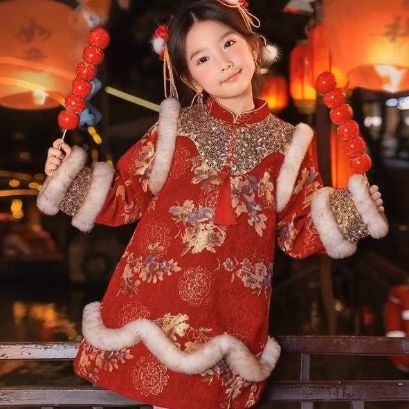 女童汉服冬装新中式拜年服唐装儿童旗袍过年衣服中国风加厚连衣裙