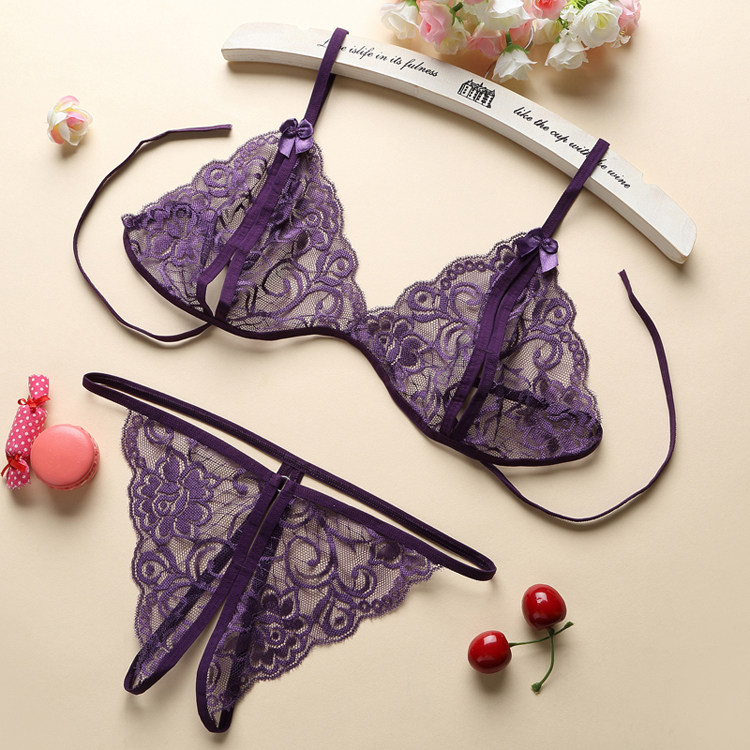 紫色文胸t裤套装三点式比基尼性感蕾丝内衣透明大码150斤内开档薄