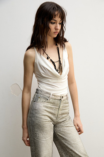 TMS STUDIO 深V荡领串珠收腰吊带 纯色针织弹力度假聚会内搭上衣