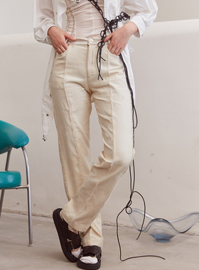 TMSstudio 细节感设计 绣花醋酸毛边设计拼色休闲秋季直筒牛仔裤