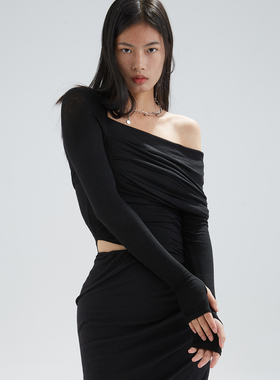 TMSstudio露肩一字肩领小众不规则羊毛性感黑秋季打底上衣针织衫