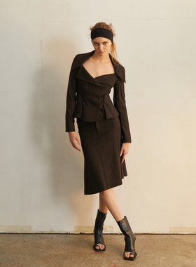 TMS STUDIO 复古双排扣收腰大翻领西服外套 格纹羊毛毛呢西装大衣