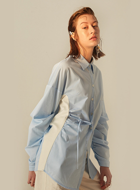 TMSstudio原创设计中长款拼接秋针织面料系带设计感中长衬衫