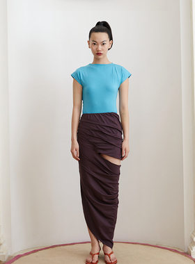 TMSstudio 高级感皱褶不规则设镂空计莫代尔松紧弹力包臀中长半裙