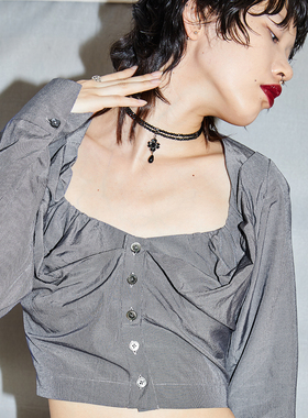 TMSstudio 原创设计格子解构立体褶皱秋季复古长袖高腰短款衬衫