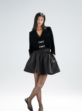 TMSstudio 真丝丝绒高级质感 镶钻bling蝴蝶结短款黑色外套短西装