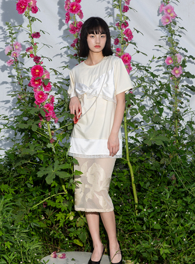 TMSstudio 原创设计 缎面质感纽结蕾丝装饰条黄白色短袖圆领T恤