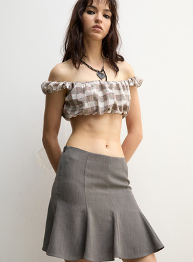 TMS STUDIO 度假感少女彩色格纹泡泡背心 露腰超短上衣