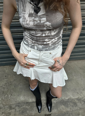 TMS STUDIO 不规则下摆a摆酷感条纹棉蕾丝下摆短裙半身裙