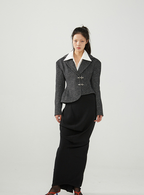 TMSstudio 宽肩蜂腰 羊毛斜纹收腰不对称下摆侧门襟金属扣西服