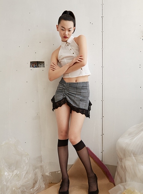 TMSstudio 低腰抽绳不规则超短蕾丝裙绿格子辣妹性感迷你超短半裙