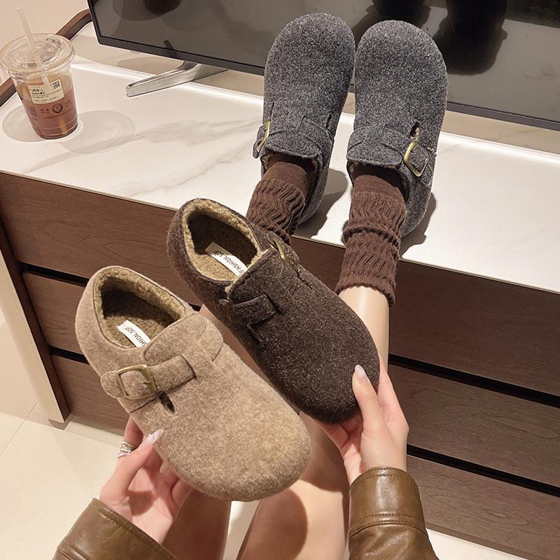 毛呢小土豆内增高一脚蹬加绒勃肯鞋女2025冬季保暖棉鞋灰色毛毛鞋