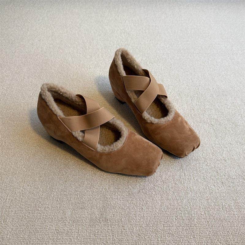 羊皮版毛毛芭蕾玛丽珍鞋女加绒秋冬绒面交叉带猪鼻方头内增高单鞋,女鞋,玛丽珍鞋,淘宝优惠券,粉丝福利购,淘宝优惠卷