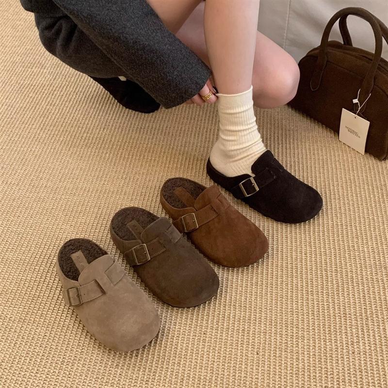 厚底勃肯鞋女鞋子2025新款冬季一脚蹬棉鞋真皮丑萌博肯鞋豆豆鞋