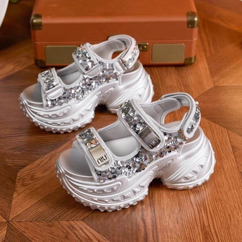 魔术贴沙滩凉鞋女2026春季新款亮片外穿厚底松糕一字带罗马凉拖鞋,女鞋,罗马凉鞋,淘宝优惠券,粉丝福利购,淘宝优惠卷