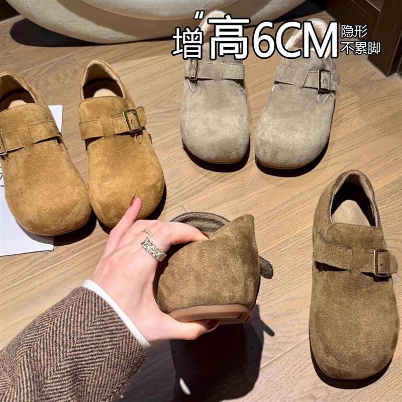 厚底增高6CM加绒羊羔毛勃肯鞋2025冬季新款百搭懒人一脚蹬单鞋女