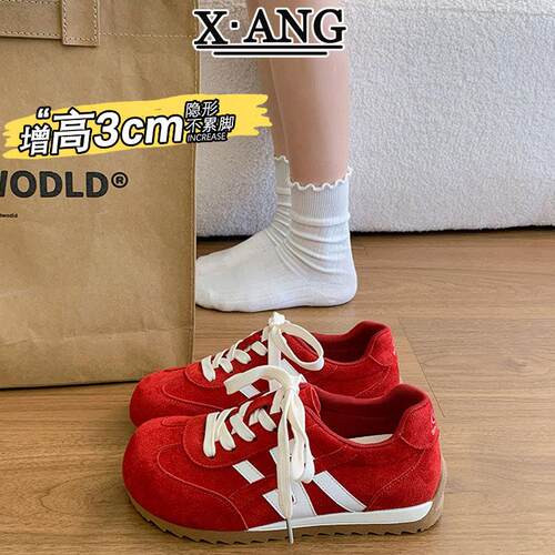 真皮内增高女鞋子红色德训鞋2026春夏季新款休闲运动鞋女款阿甘鞋