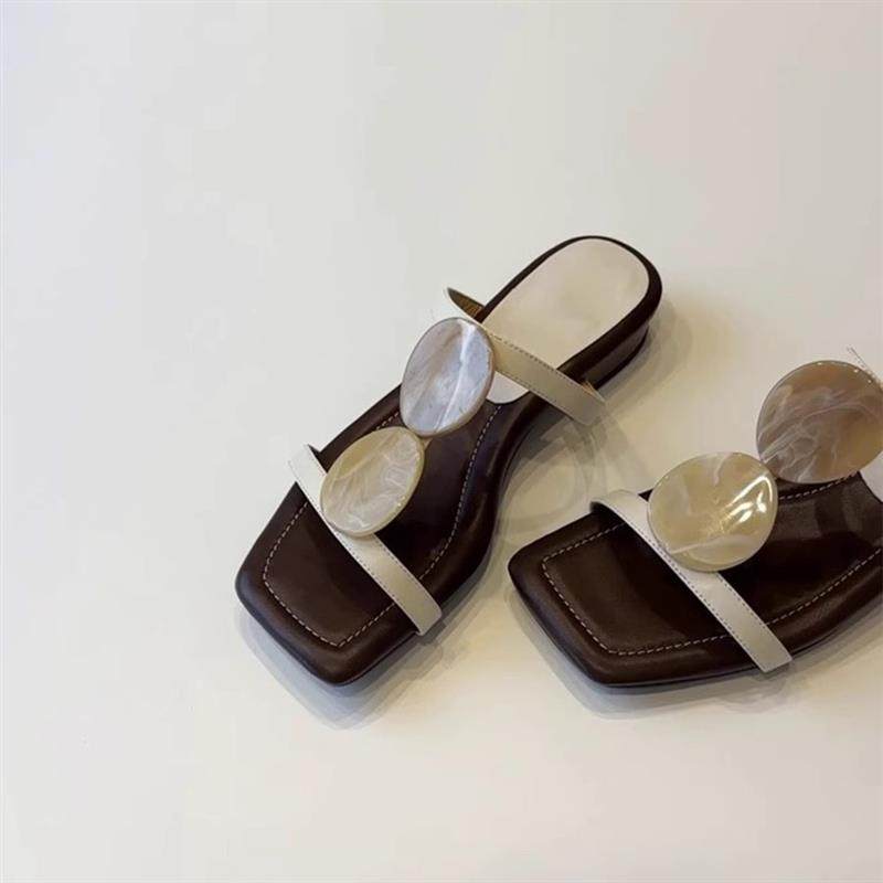 羊皮版~小众法式一字凉拖鞋女外穿露趾方头气质罗马鞋平底沙滩鞋,女鞋,一字拖,淘宝优惠券,粉丝福利购,淘宝优惠卷