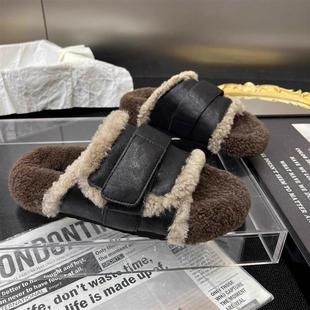 欧货秋冬毛毛鞋小众设计羊羔毛高级感厚底外穿复古皮带扣棉拖鞋女