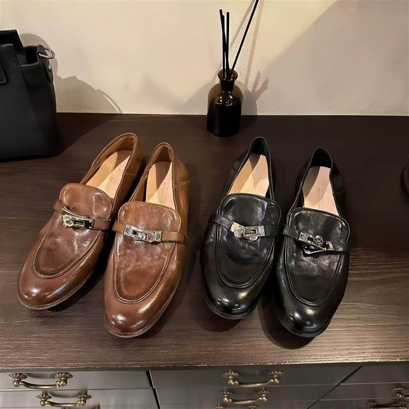 老钱风复古做旧锁扣乐福鞋女2026年新款一脚蹬百搭通勤平底小皮鞋,女鞋,乐福鞋（豆豆鞋）,淘宝优惠券,粉丝福利购,淘宝优惠卷