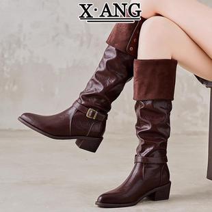 牛皮版 棕色过膝靴子女两穿长筒靴尖头粗跟显瘦骑士靴堆堆靴高筒靴