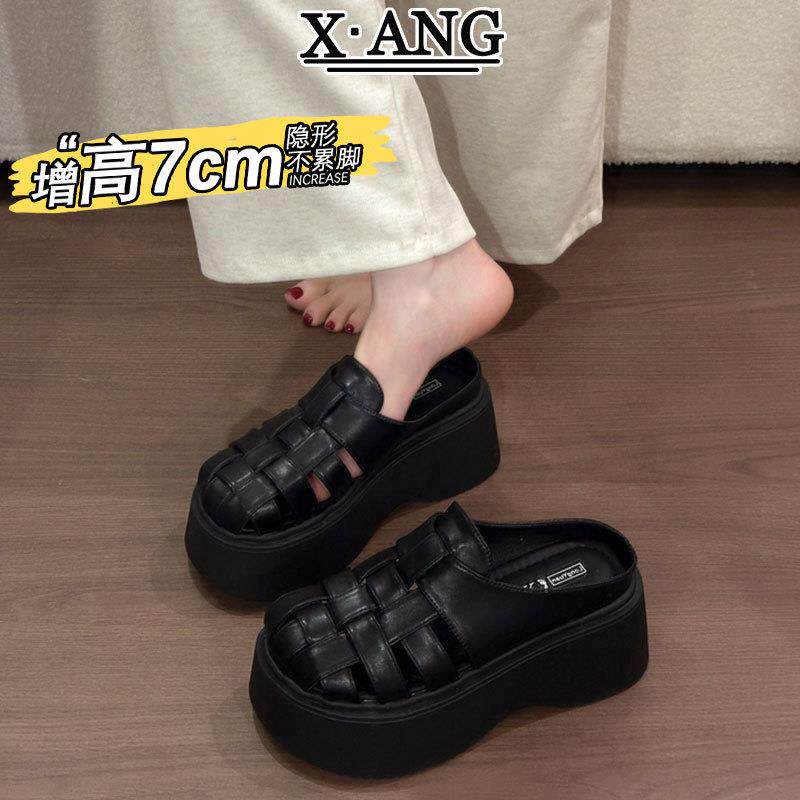 真皮厚底增高跟拖鞋包头半拖手工编织镂空猪笼鞋一脚蹬沙滩凉拖鞋