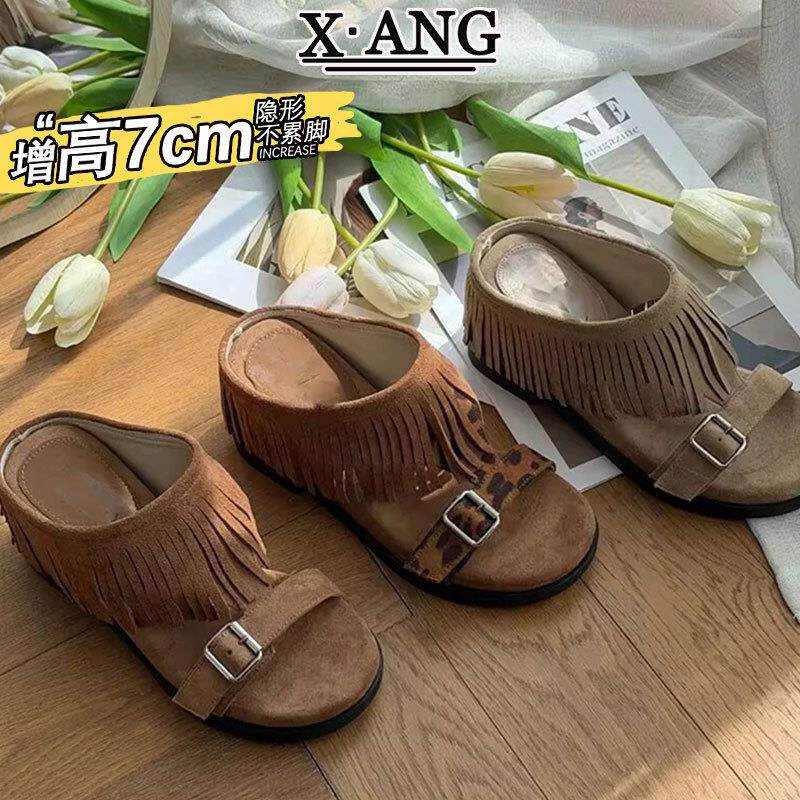 牛皮版波西米亚风流苏厚底增高跟拖鞋女可外穿夏季配裙子坡跟凉鞋