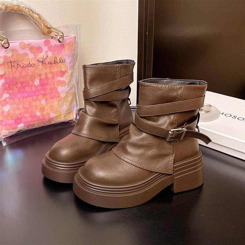 马丁靴女款2026新款棕色夏季单靴厚底短靴美拉德增高堆堆裤管靴子
