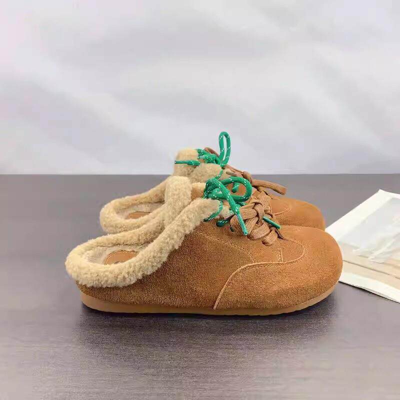 厚底加绒毛毛鞋复古勃肯鞋女外穿2026冬季新款系带百搭包头棉拖鞋