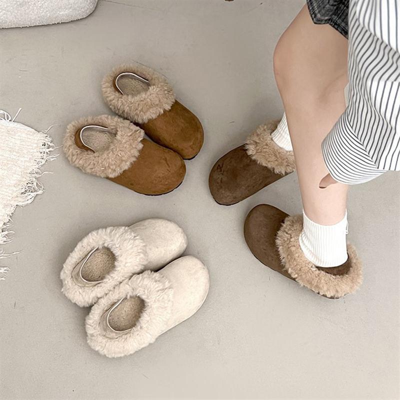 白色厚底包头半拖勃肯鞋女2025新款冬季外穿加绒复古毛毛棉拖鞋子