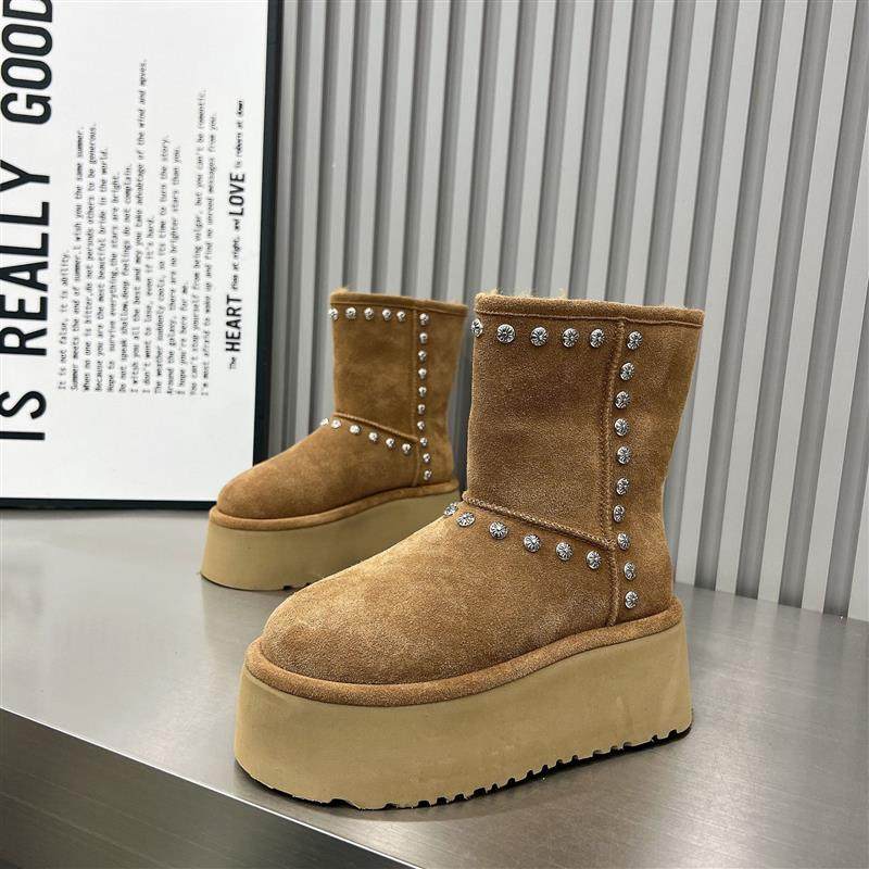 小众水钻毛毛鞋翻领两穿雪地棉靴2026年冬款小个子短靴厚底松糕女,女鞋,时尚雪地靴,淘宝优惠券,粉丝福利购,淘宝优惠卷