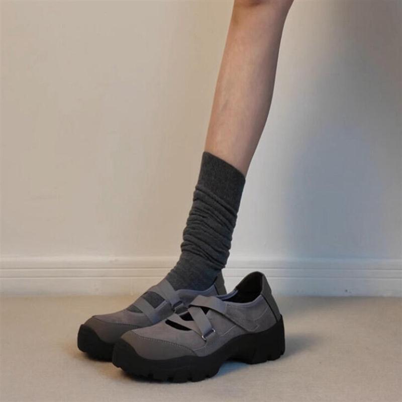 澜柜版~复古魔术贴圆头玛丽珍鞋子女浅口粗跟单鞋厚底休闲运动鞋