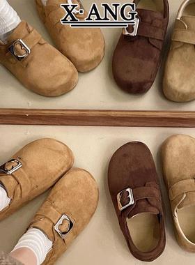 牛皮版全包勃肯鞋加绒二棉鞋子女厚底内增高女鞋一脚蹬两穿乐福鞋