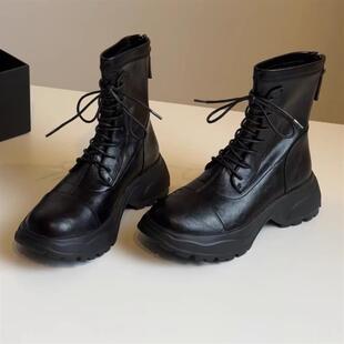 牛皮版~英伦风气质粗跟马丁靴女小个子外穿百搭厚底时尚显瘦短靴