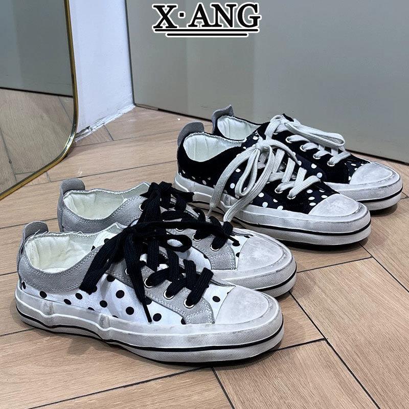 复古风系带波点鞋子女鞋低帮帆布鞋女款厚底脏脏鞋休闲运动鞋板鞋