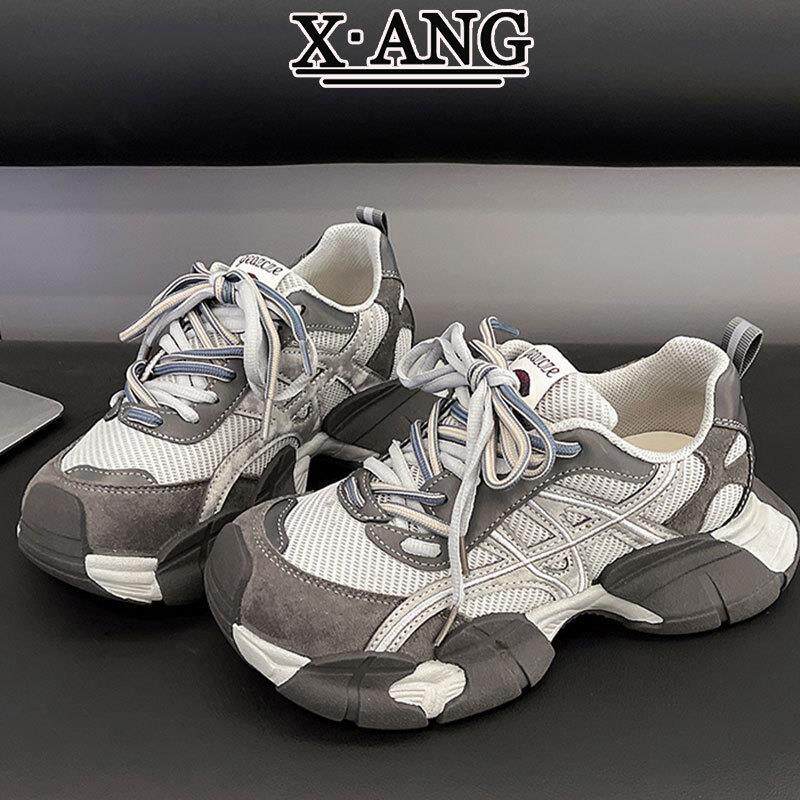 爆款老爹鞋女款2026新款早春季厚底鞋子女百搭真皮网面休闲运动鞋