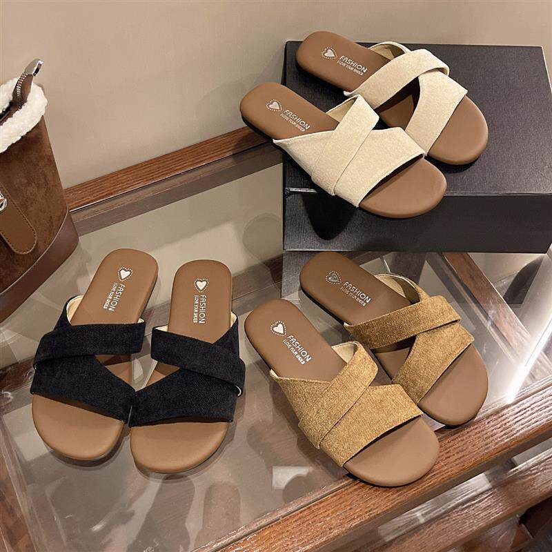 布面拖鞋女外穿夏季2026新款平底海边沙滩鞋子一脚蹬凉拖鞋子拖鞋