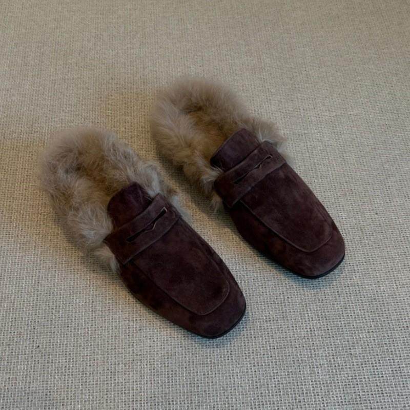 云芙毛毛拖鞋女外穿乐福鞋懒人半拖鞋冬季法式翻皮兔毛里穆勒女鞋,女鞋,毛毛鞋,淘宝优惠券,粉丝福利购,淘宝优惠卷