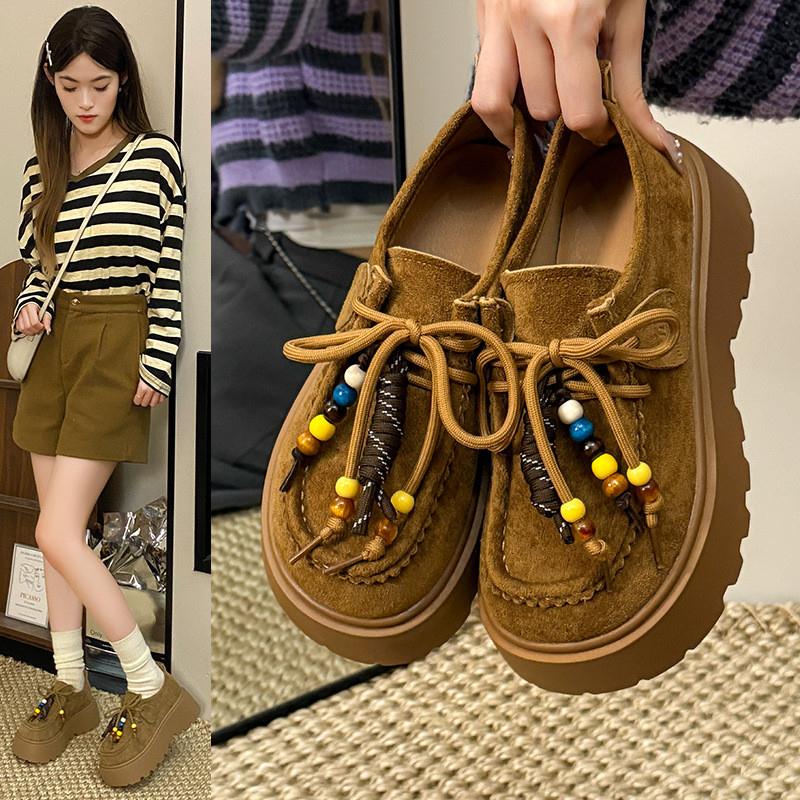 复古厚底增高乐福鞋女2025秋季新款小个子松糕鞋一脚蹬百搭勃肯鞋