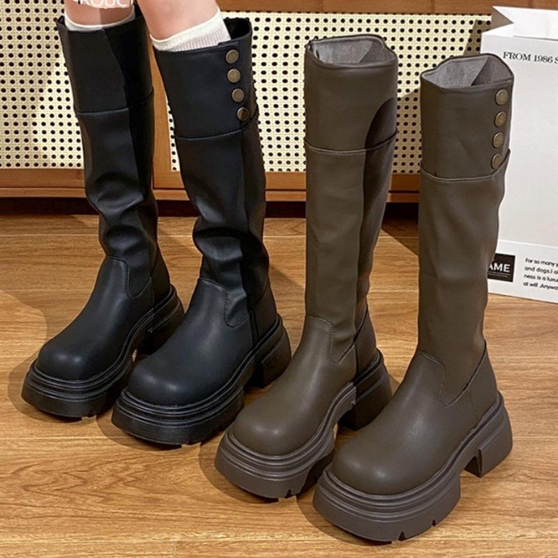 厚底西部骑士靴女长筒靴不过膝2025新款秋冬季美式复古长靴瘦瘦靴