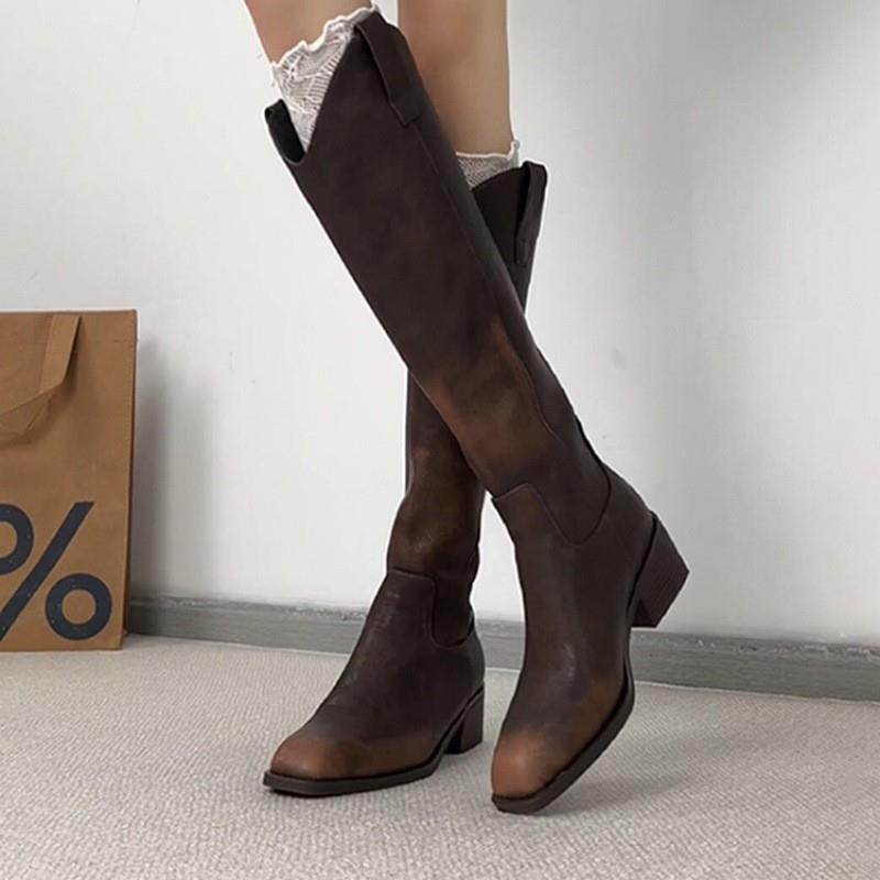 棕色复古气质方头V口粗跟骑士靴女2026秋冬季新款百搭显瘦长筒靴,女鞋,骑士靴,淘宝优惠券,粉丝福利购,淘宝优惠卷