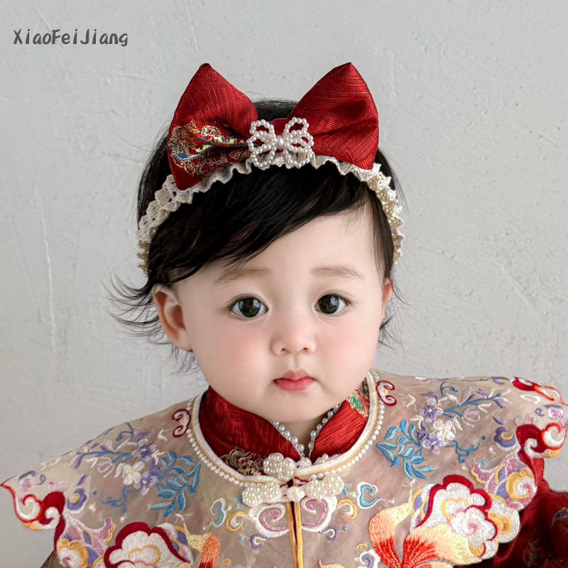 婴儿发带红色中式古风立体蝴蝶结百天周岁生日婴幼儿发饰宝宝头饰