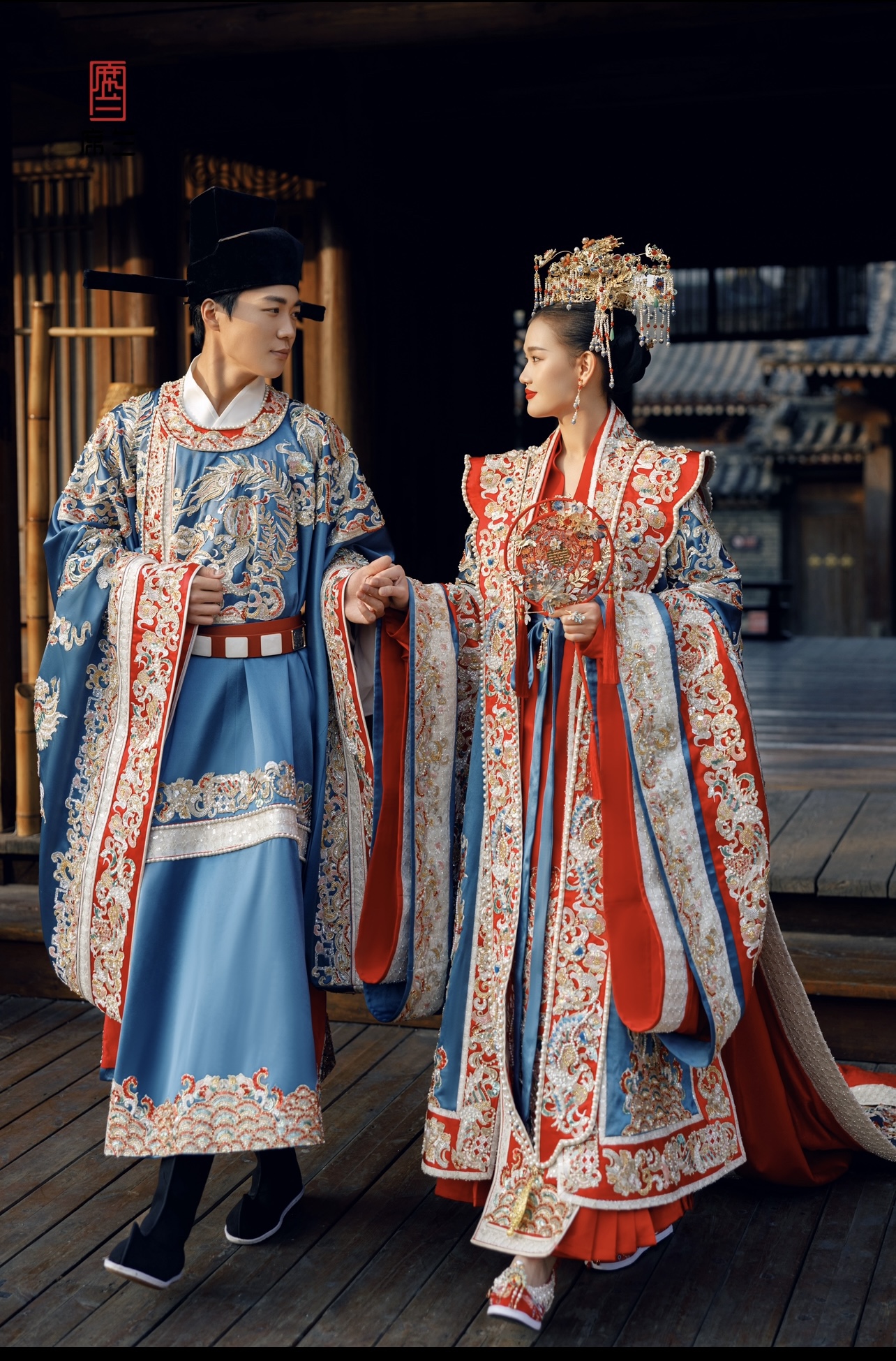 出租席兰正版重工中式嫁衣婚服红蓝色撞色宋制汉服婚礼婚纱礼服