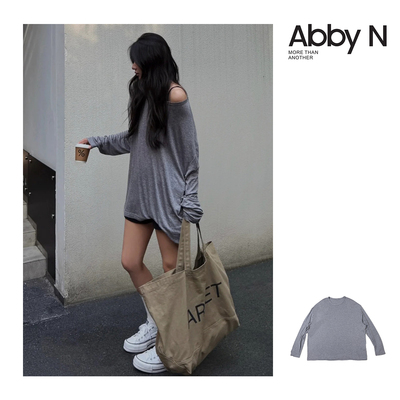 自留推荐~高弹力长袖莱赛尔超软超的套头T恤（可斜肩/深灰色SML