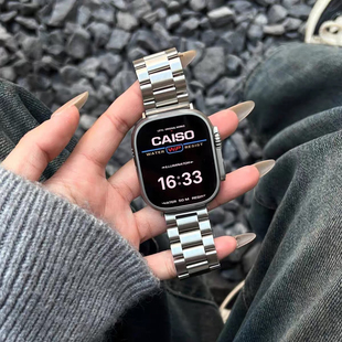 三珠不锈钢适用华强北s10手表表带金属苹果appleiwatch98男女高级