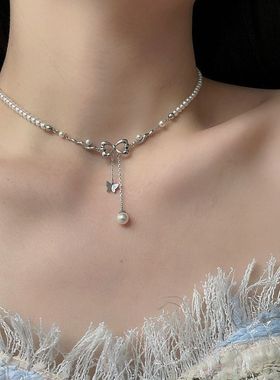 甜酷蝴蝶结珍珠项链ins风金属流苏吊坠ins冷淡设计感可叠戴锁骨链