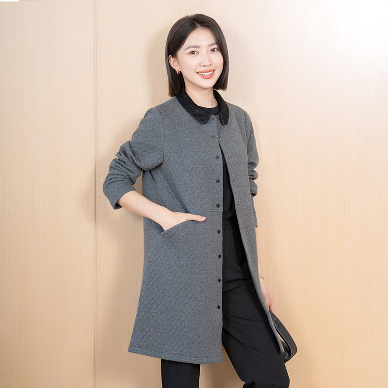 严选YUN韫春秋新款外套女中长款宽松休闲气质通勤纯色薄款棉衣