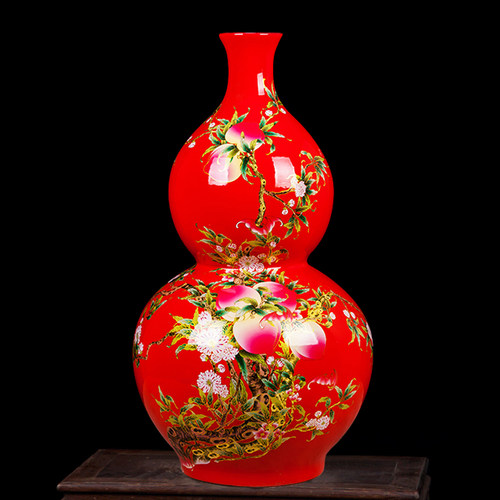 景德镇陶瓷器 中国红色福寿图葫芦落地大花瓶 客厅装饰工艺品摆件 - 封面