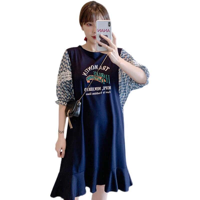 2024 SUMMER CLOTHES NEW KOREAN VERSION OF MATERNITY CLOTHES SLIM MID-LENGTH CHIFFON DRESS FOREIGN SHORT-SLEEVED STITCHED CHIFFON SKIRT